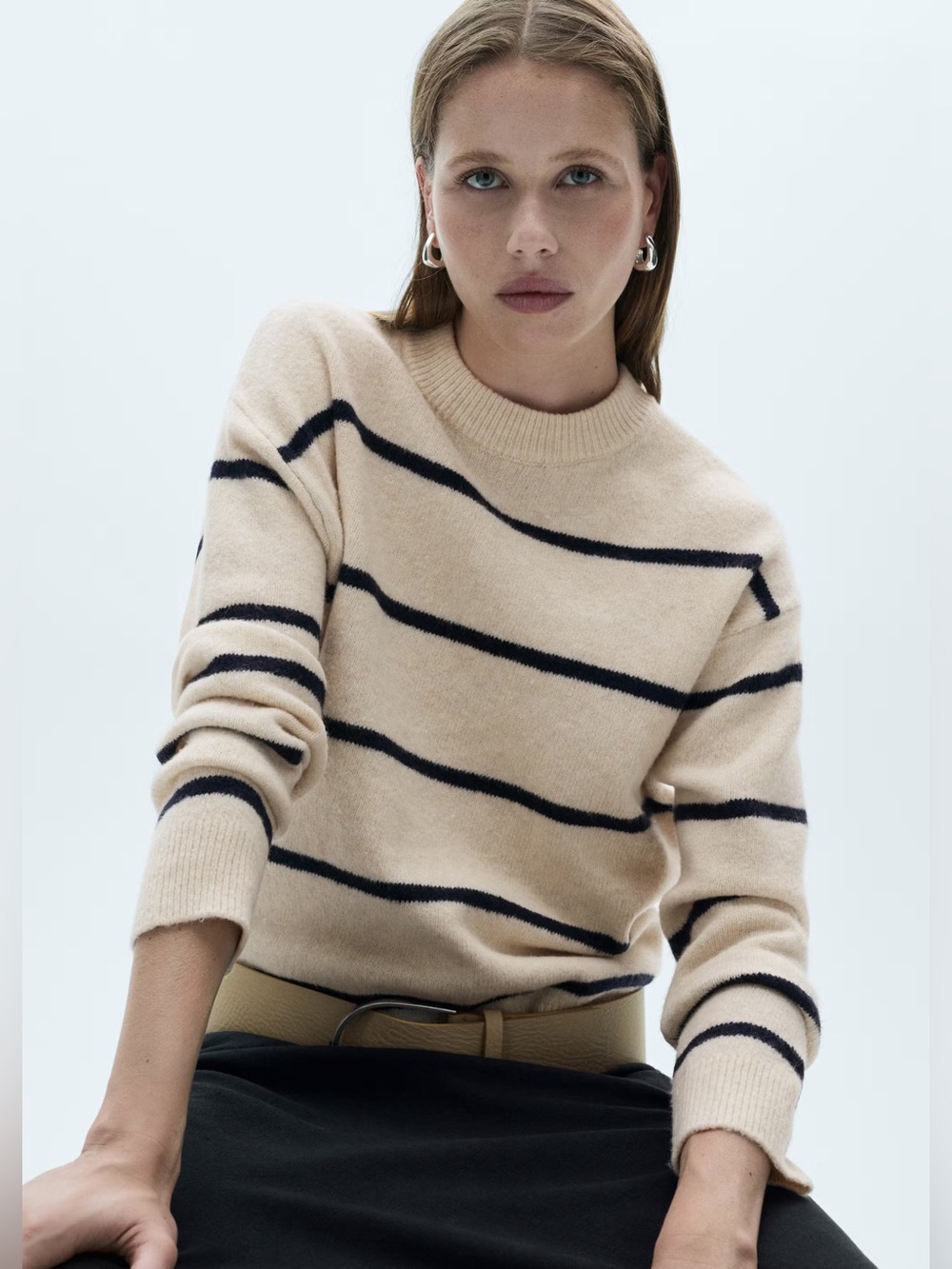 Mango Beige knit striped sweater NWT